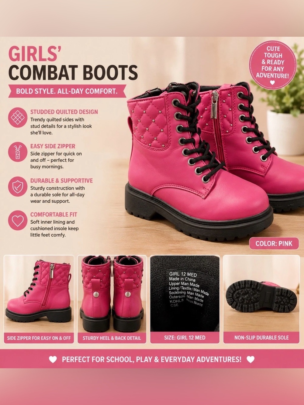 Kohl's Girls Hot Pink Quilted Combat Boots with Black Sole